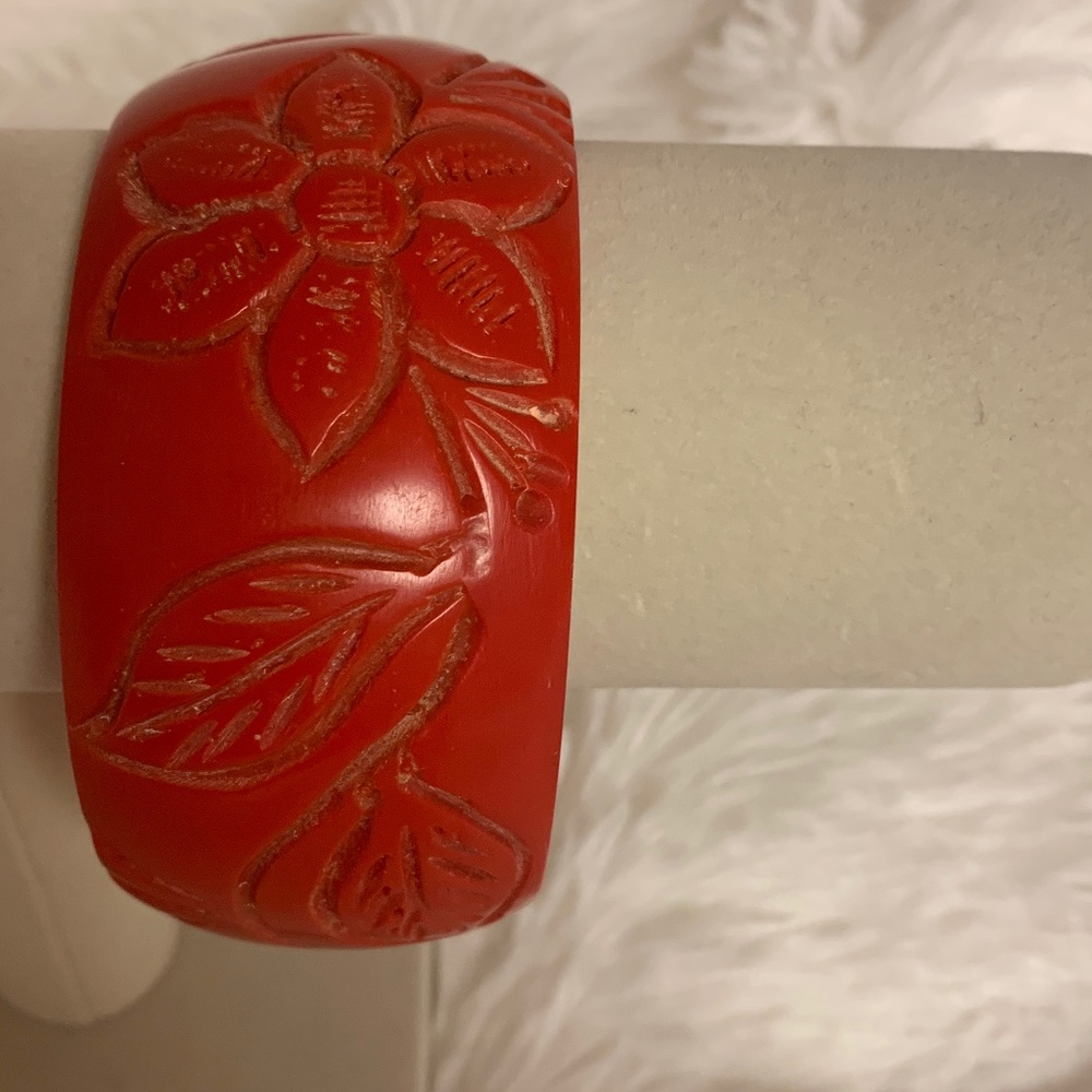 Wide Bangle Bracelet Red Carved Bohemian Floral Chunky NWOT